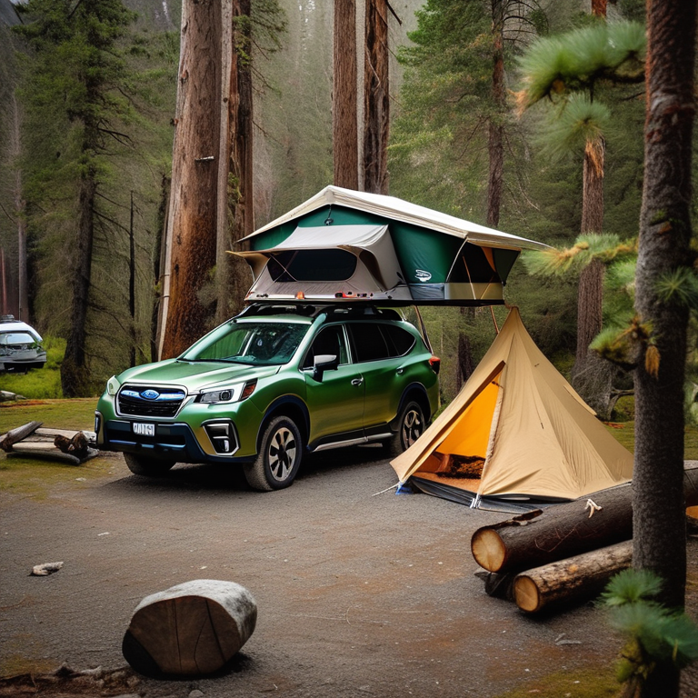 A green Subaru with a rooftop tent rests in a sunny camp beneath the mountains of Mount Cook National Park. A small campfire, wooden guitar, and stone-strewn ground create a warm, peaceful outdoor retreat.