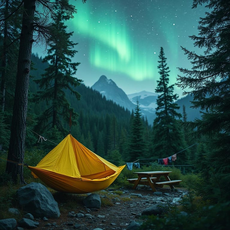 A bright yellow hammock rests in a lush valley beneath glowing northern lights. Rocky ground, a nearby canoe, picnic table, and clothesline make this peaceful campsite feel ready for adventure.