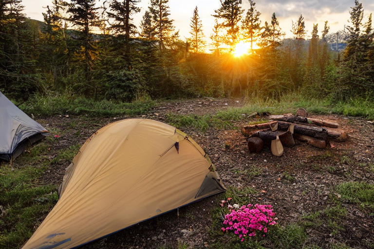 A cozy tent rests on a dirt campsite beside a warm hot spring. Rain falls softly as sunset light glows over the flowers, stones, and campfire. Hikers gather near the fire, enjoying the peaceful wild setting.