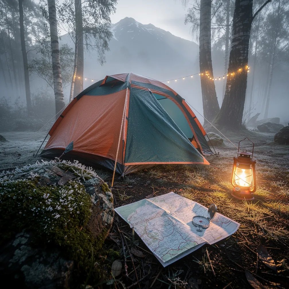 A colorful tent sits on frosty grass at the edge of a misty beech forest, with quiet mountains far away. A warm lantern glows beside it, making the cool morning feel cozy. A big mossy rock rests in front, and a map with a compass lies ready for an adventure. Soft string lights hang between two trees like tiny stars in the fog.