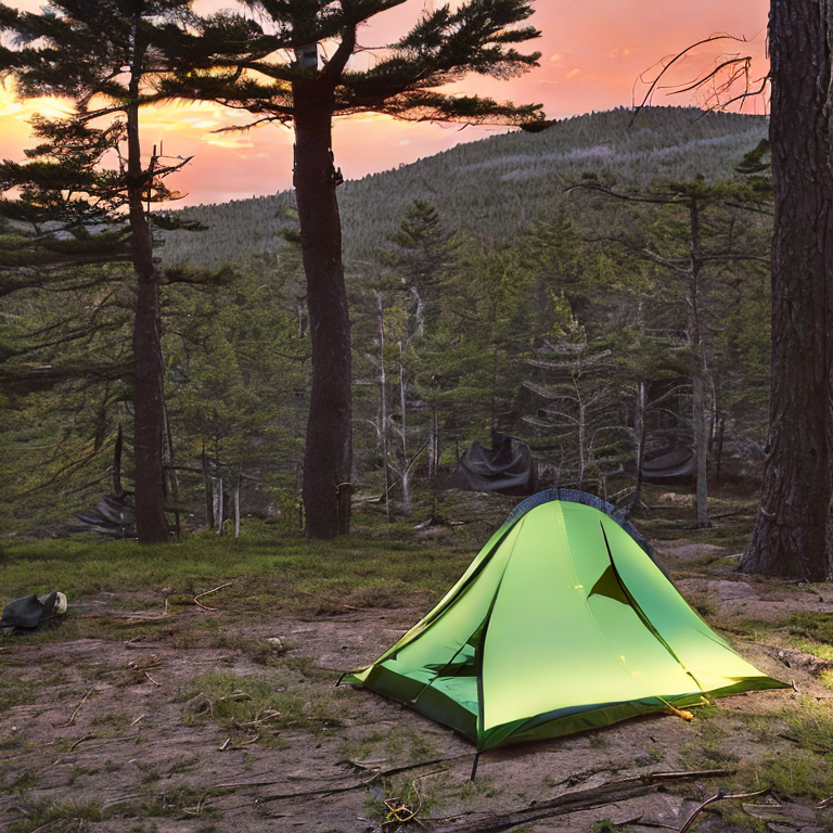 A forest-green tent rests on a rocky dirt clearing as the sun sets over the mountains. Clothes hang from a nearby line, while a warm flashlight glow shines from inside the tent.