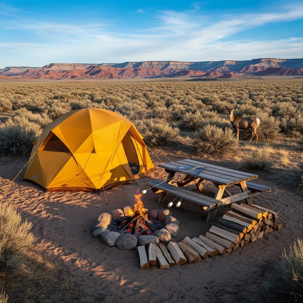 A mustard-yellow dome tent sits on sandy desert ground, surrounded by sagebrush and wide mesas in the distance. Warm golden sunlight makes long, soft shadows in the dusty air. A picnic table and a stone-ring fire with marshmallows roasting make it feel cozy. Far away, a mule deer stands quietly near the brush.