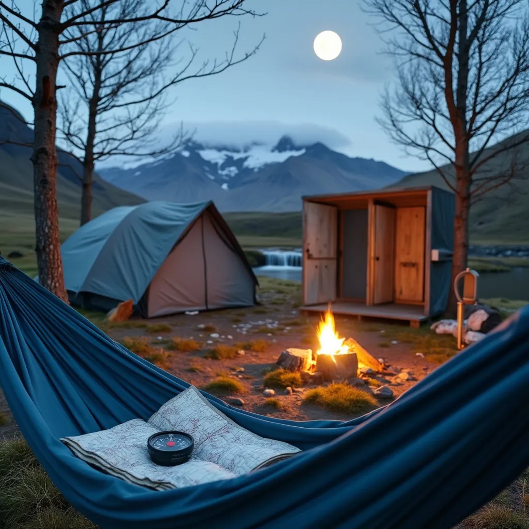 A cozy blue and gray tent rests in Iceland’s wild landscape beside a small waterfall. A campfire warms the site, with a wooden log, outdoor shower, and map with a compass nearby. Above, a bright full moon shines through the cool, open sky.