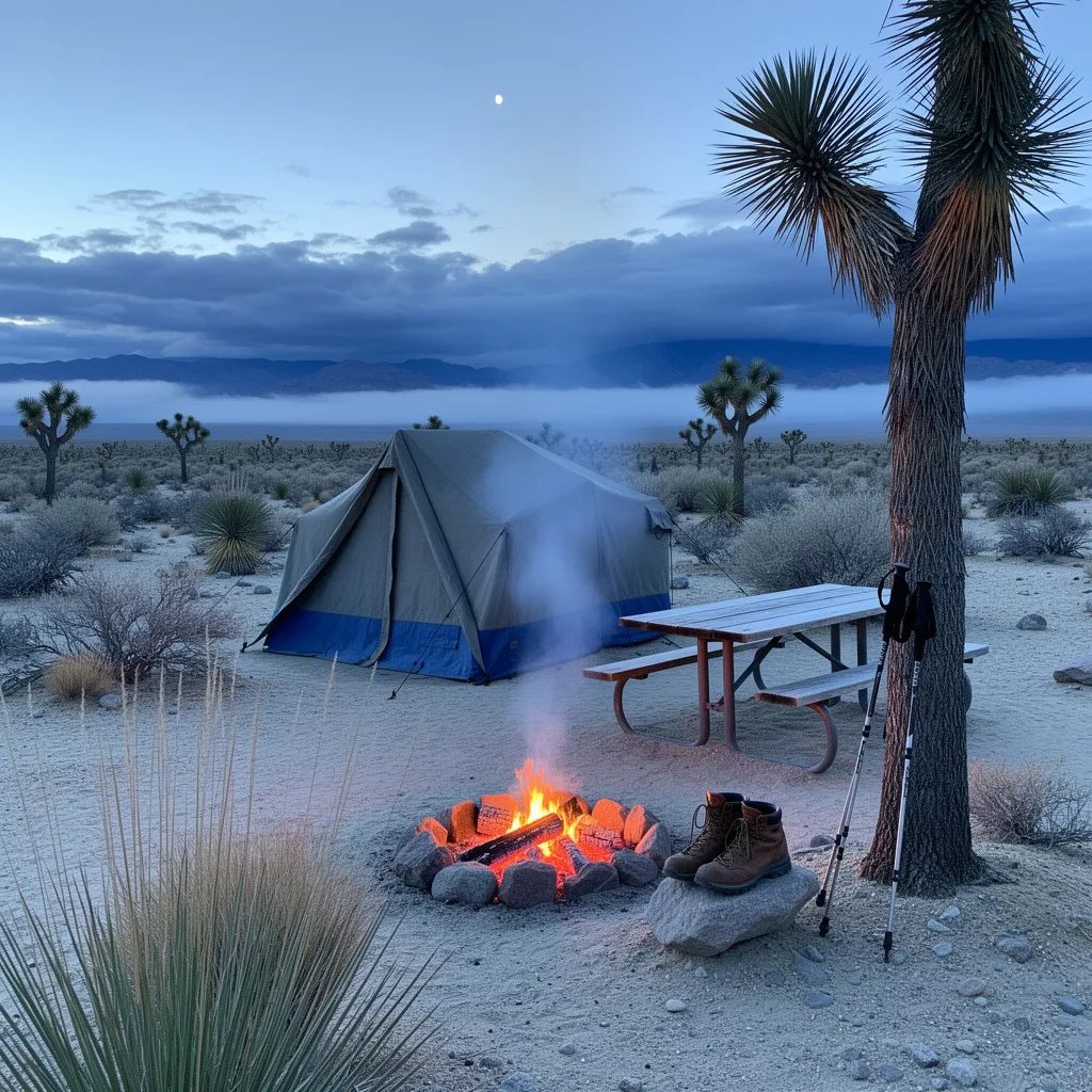 A quiet desert campsite rests under a soft blue morning sky, with a sturdy gray tent beside low shrubs and tall Joshua trees. A small campfire glows with orange embers near a worn picnic table, sending a thin twist of smoke into the cool air. Hiking boots warm on a flat rock as trekking poles lean against a nearby tree. High above the misty sand and dry grass, a bright morning star shines over distant storm clouds.