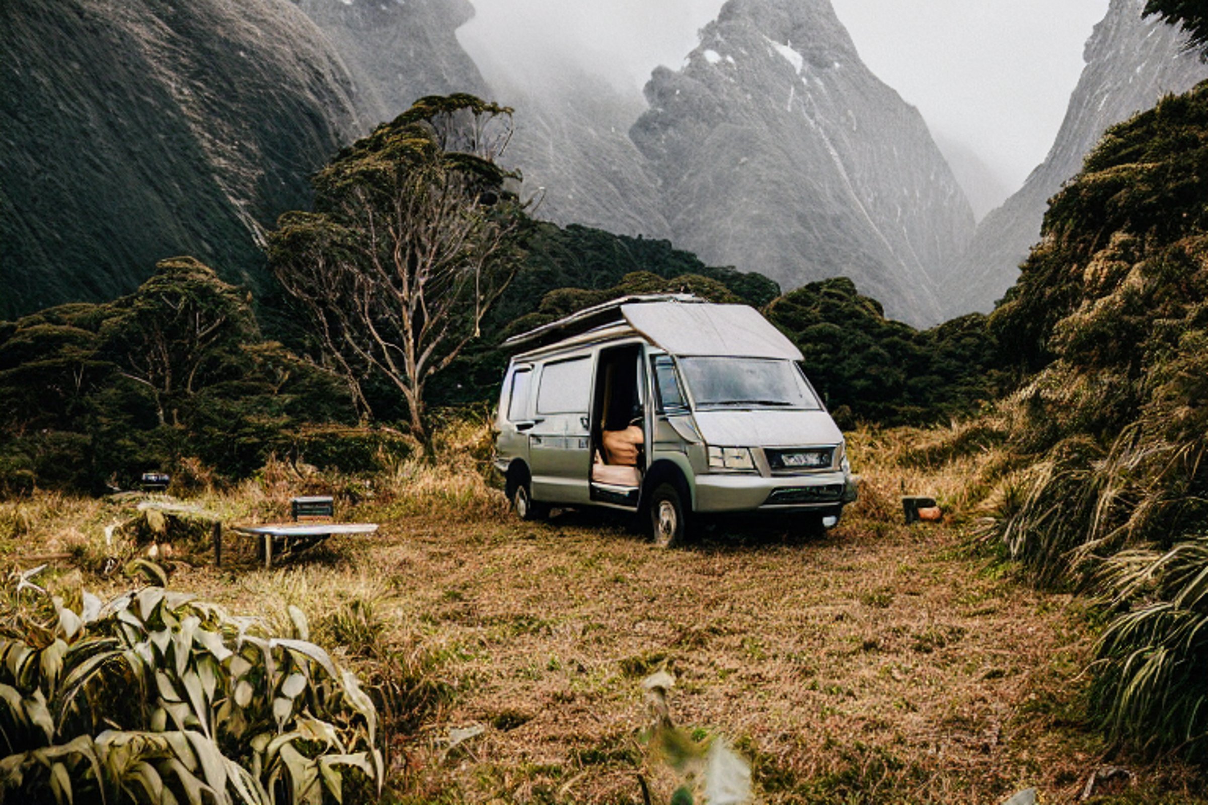 A green camper van rests on a rocky dirt clearing in a misty forest. Ferns, large stones, and a backpack surround the peaceful campsite, while soft golden light glows through the fog.
