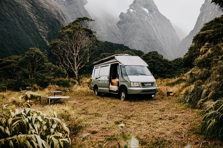 A green camper van rests on a rocky dirt clearing in a misty forest. Ferns, large stones, and a backpack surround the peaceful campsite, while soft golden light glows through the fog.