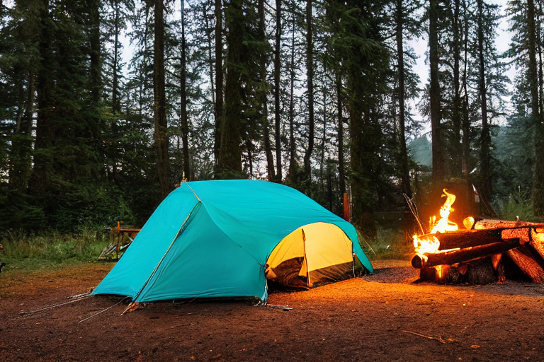 A teal tent rests on a quiet patch of sand near Cannon Beach. A warm campfire glows beside the logs, while tall trees, hikers, and snowy golden light create a peaceful outdoor scene.