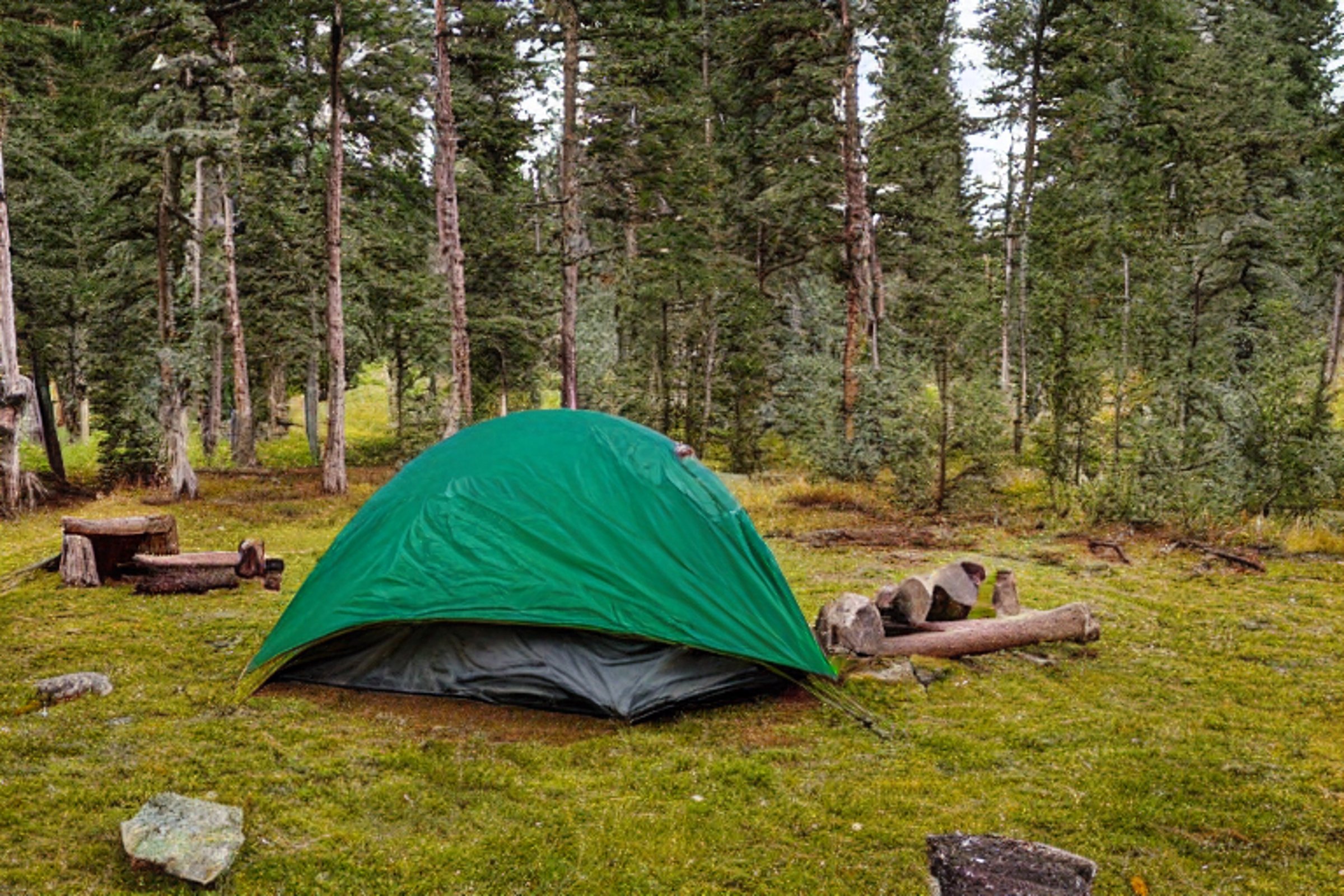 A forest green tent rests in a quiet Colorado campsite at sunrise. Mossy trees, stone gravel, and wet ground surround a small campfire ringed with logs. The rainy air gives the woods a calm, fresh feeling.