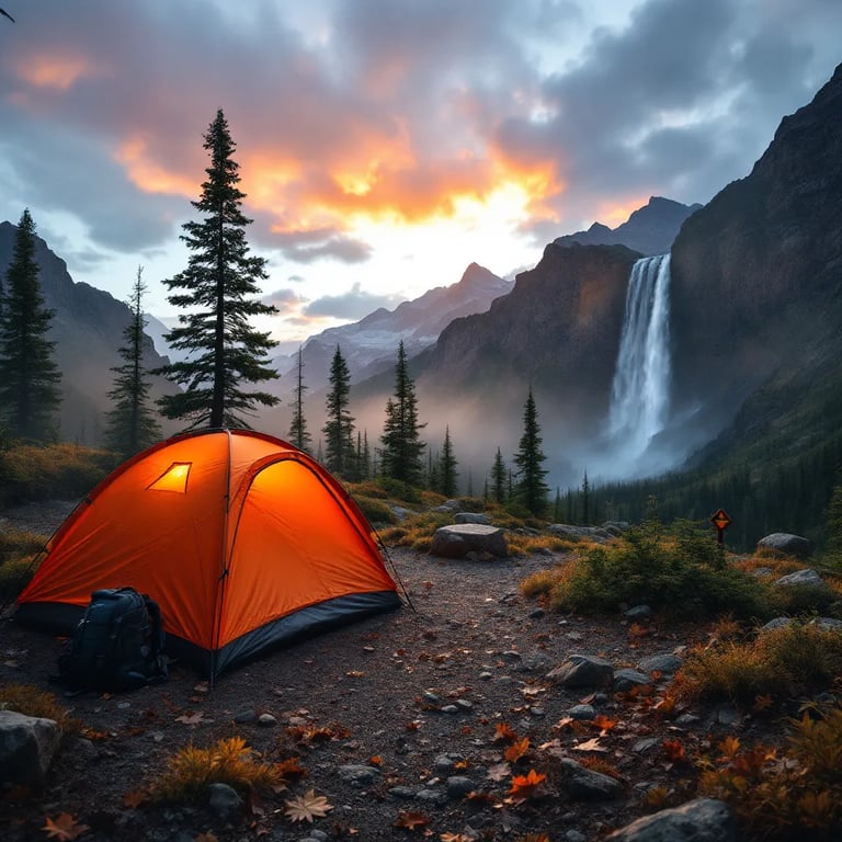 An orange tent sits among the rocky trees of Glacier National Park at sunset. Seen through a rushing waterfall, the campsite glows beneath a bright rainbow, with a backpack, fallen leaves, and a trail marker nearby.