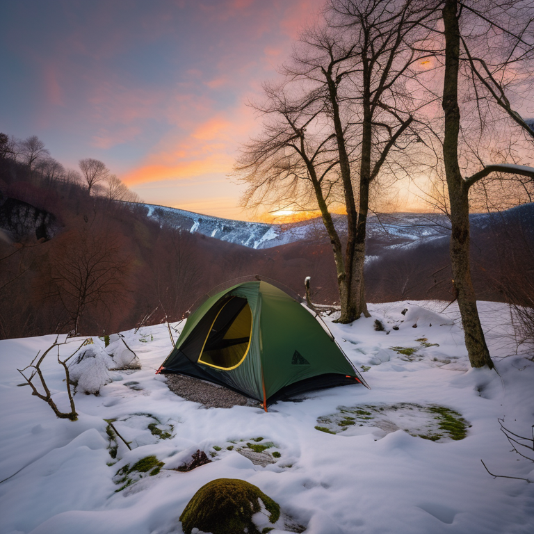 A green tent rests on a quiet campsite in Plitvice Lakes National Park. Mossy trees, stone patches, and a large rock surround it as soft golden light falls through the snowy air. A warm flashlight glows inside the tent.