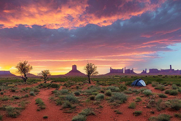 A cozy brown tent rests on a dirt campsite in Monument Valley as the sun sets. A lantern glows beside the hiking path, while rolling hills and small trees fade into the rainy, golden sky.