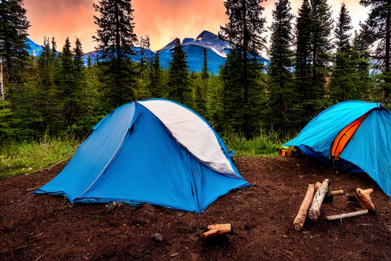 A blue tent rests on a dirt clearing beneath misty Montana mountains. A warm campfire glows between wooden logs, with camping chairs nearby and wet leaves scattered on the ground. Dusk clouds and light rain create a peaceful, cozy mood.