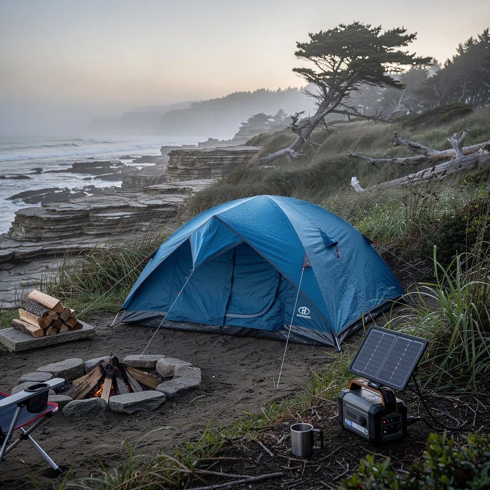 A steel-blue tent sits in tall coastal grass as cool morning mist drifts by. Nearby, a rocky shore looks old and rugged, with faint tracks pressed into the stone. A small solar panel charges a battery beside a neat pile of firewood and a quiet stone fire ring. The whole campsite feels calm, chilly, and full of ocean air.