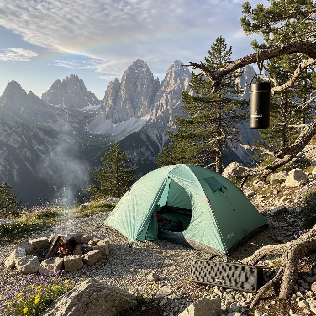 A mint-green tent sits on a rocky pad, surrounded by tiny wildflowers and scattered stones. Warm golden sunlight glows on the tall, pale mountains in the distance, and the air feels crisp and calm. A small fire ring sends a thin ribbon of smoke into the sky, where a faint rainbow-like arc shines high above. A food canister hangs from a larch branch, and a little speaker rests by the tent door.