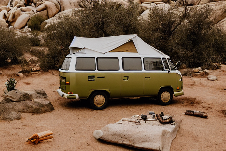 A green and tan camper van rests on a dirt campsite beneath the wide Joshua Tree sky. Rainy sunset light glows around a cozy tent, a lantern, and a small campfire ringed with logs.
