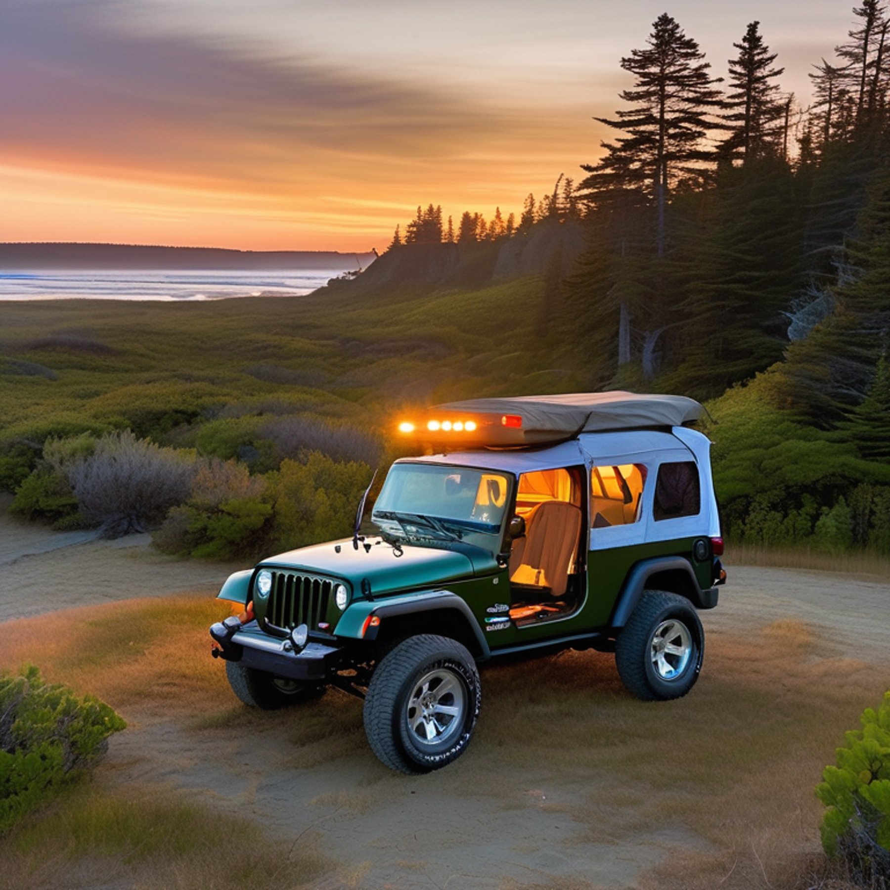 A colorful Jeep with a rooftop tent rests beside a warm campfire on Maine’s foggy coast. Surfers enjoy the waves nearby, while rolling hills and thick bushes surround the cozy campsite.