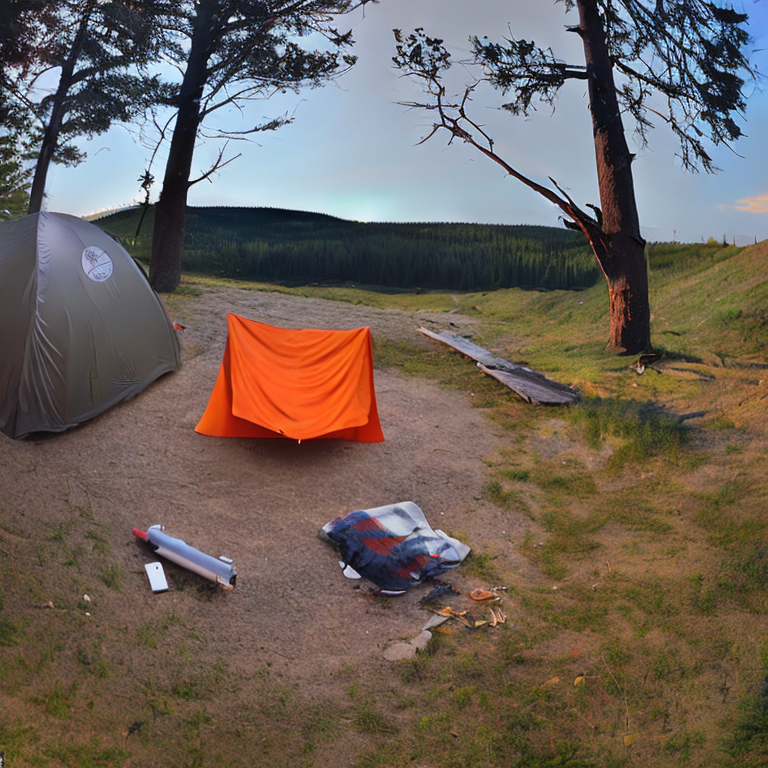 A gray and orange tent rests beside a warm campfire under glowing northern lights. Nearby, a steaming hot spring, picnic table, and camping gear create a cozy campsite, with the moon shining over the distant landscape.