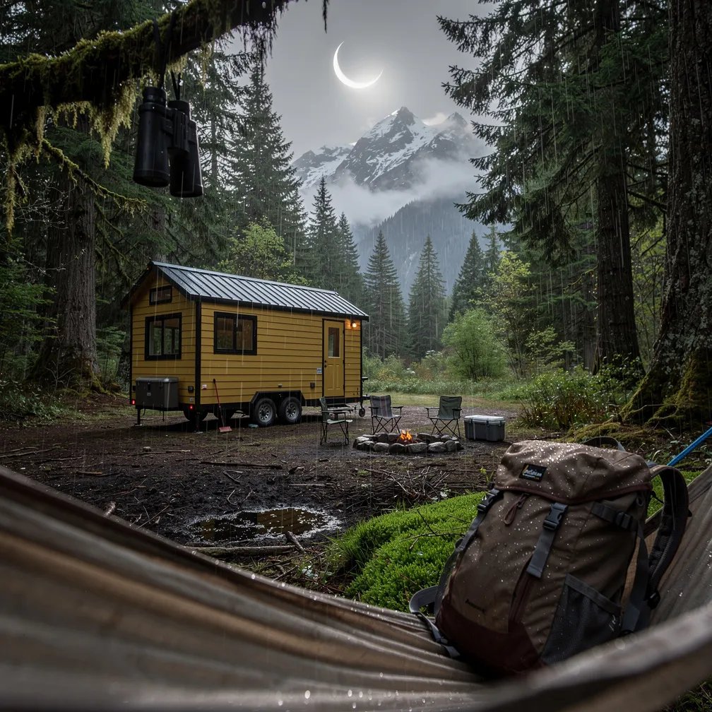 A mustard-yellow tiny house sits in a wet forest clearing, with snowy mountains far away. The air is misty and cool, and the ground shines from light rain. A hiking backpack rests on soft moss while binoculars hang from a low branch. Above it all, a partial eclipse makes the day feel quiet and magical.