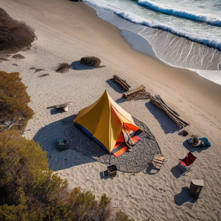 A colorful tent sits on a snowy beach campsite beside the ocean. Surfers ride the waves nearby, while a campfire ringed with logs warms the gravel-covered ground.