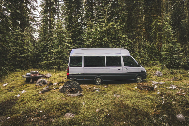 A black camper van rests beside a warm campfire in a snowy mountain valley. Mossy trees, scattered stones, and a large log surround the dirt campsite, while sunset colors glow behind the peaks.