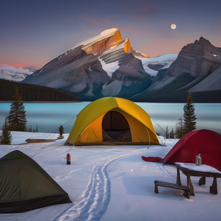A colorful tent sits on a paved campsite in misty Banff National Park. A deer stands far away while a clothesline sways nearby, and the moon fades above the soft sunrise.