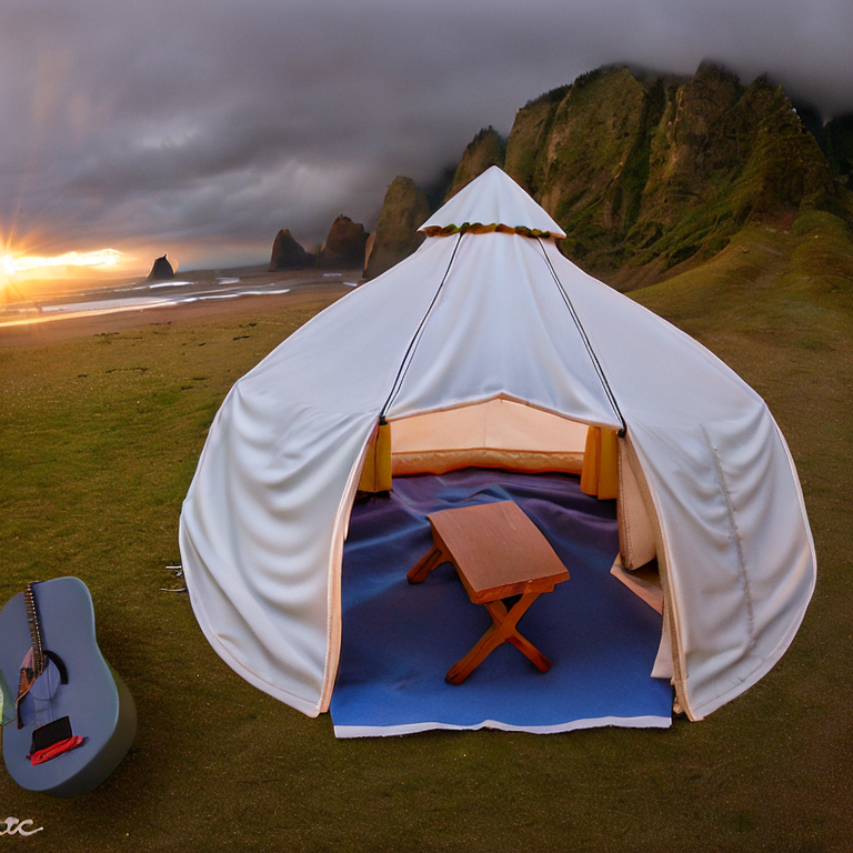 A white tent rests beside a glowing campfire on a sandy patch near Cannon Beach. A dirt path, picnic table, and wooden guitar add charm to the quiet campsite. Stormy skies, a distant moon, and soft sunrise light create a peaceful mood.