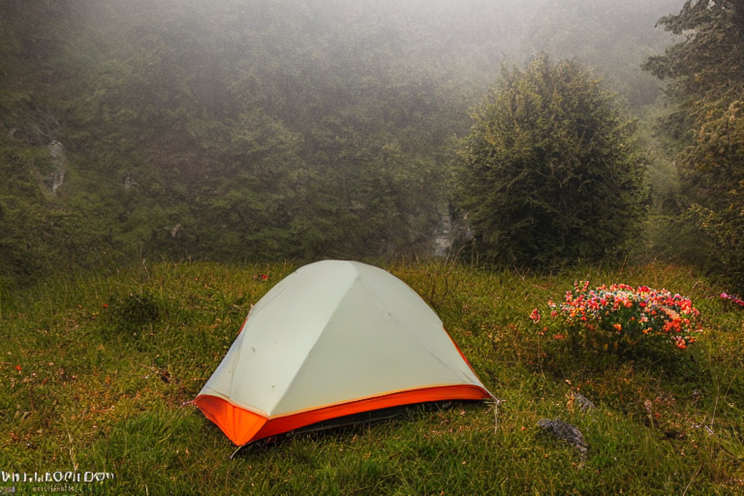 A cozy tent rests on a rocky campsite in Plitvice Lakes National Park as soft sunset light shines through the fog. Wildflowers, large stone slabs, and a backpack add charm to the peaceful scene.