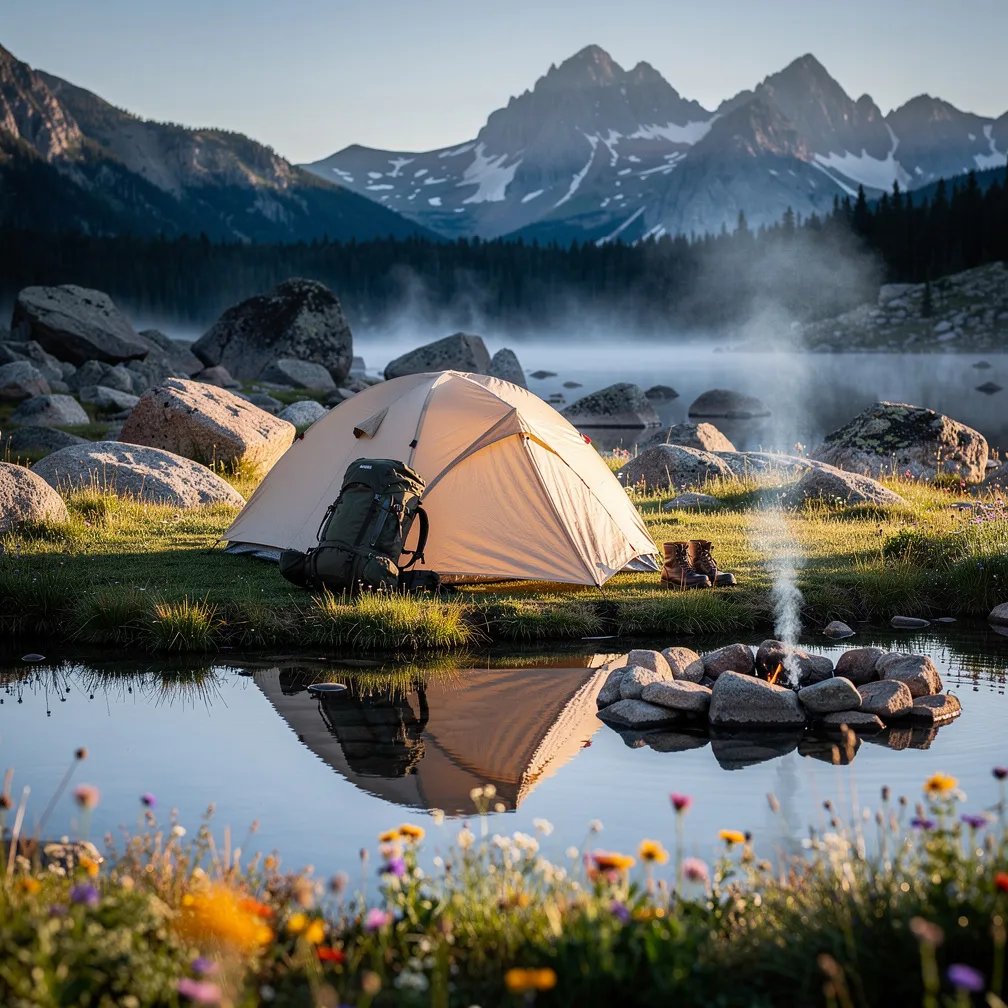 A quiet alpine lake mirrors a small beige tent as the sun begins to rise. Dewy grass, wildflowers, and big granite rocks surround the campsite. A backpack and boots rest by the tent, and a tiny campfire sends a thin curl of smoke into the cool morning mist.