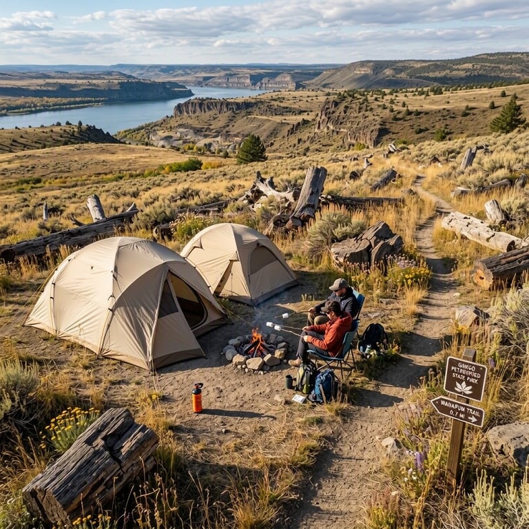 Two beige tents rest in a sunny autumn meadow filled with wildflowers and golden grass. Weathered petrified logs line a marked trail nearby, while a small campfire warms marshmallows on roasting sticks.