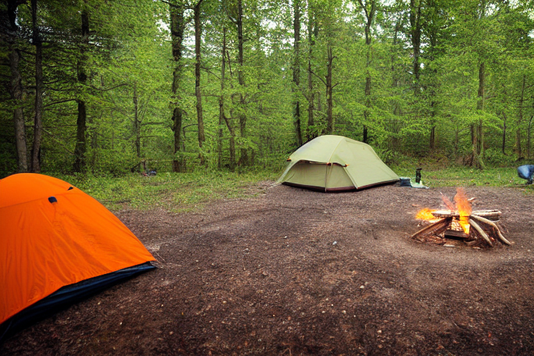 A green tent rests beside a paved campsite in a quiet forest. Stars shine through the cloudy night sky, while a campfire glows near a large log and camping gear. In the distance, a person’s flashlight adds a small spark of light.