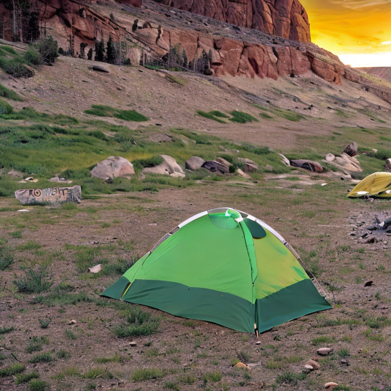A green tent rests on a paved campsite in Colorado beneath the night sky. Stones and large rock slabs surround a dirt patch, while a lantern casts a warm glow nearby.