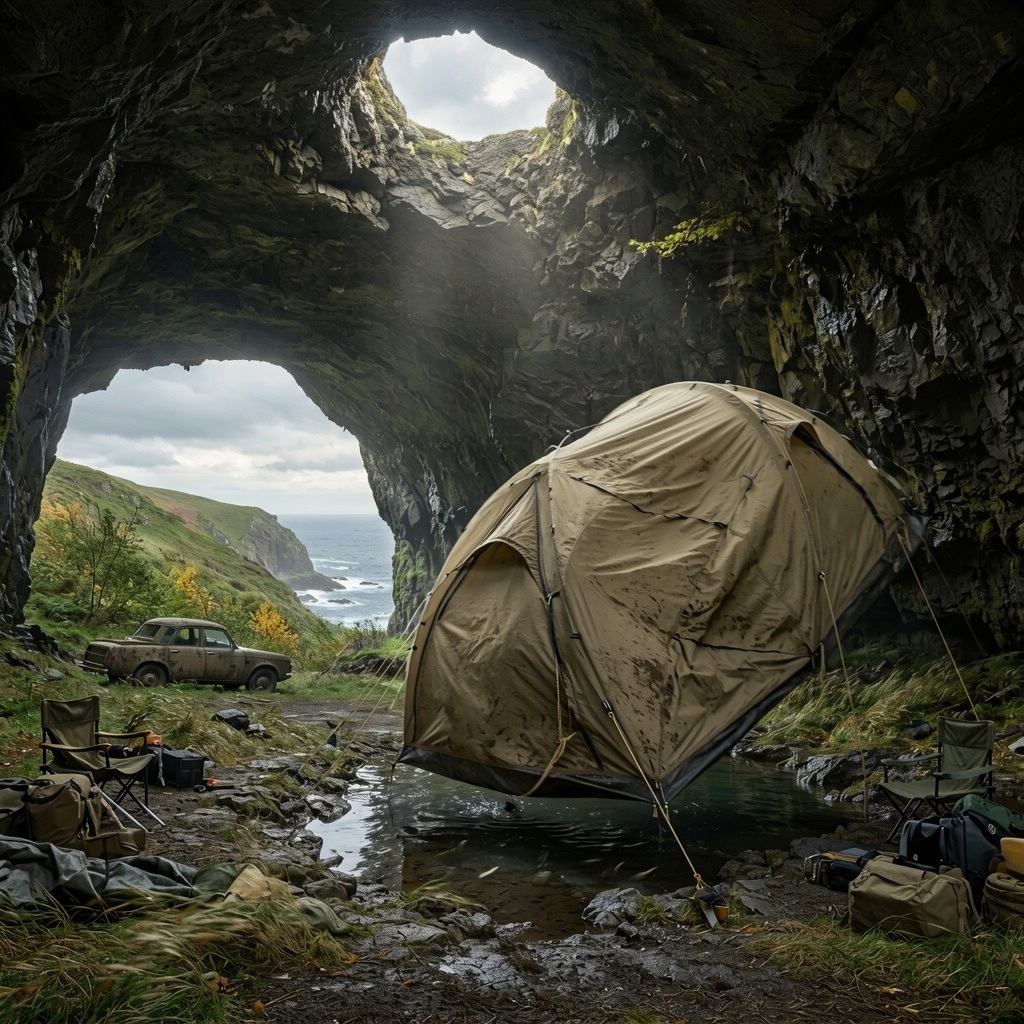 A ground-level view shows a tent beside a pool inside a coastal cave. Daylight enters through a hole in the roof, and an old car sits near the cave mouth.