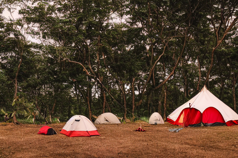 A red and white tent rests in a grassy Hawaiian campsite at dusk. A warm campfire glows on the dirt, with logs nearby and clothes hanging on a line. Leaves and open space give the scene a peaceful, cozy feel.
