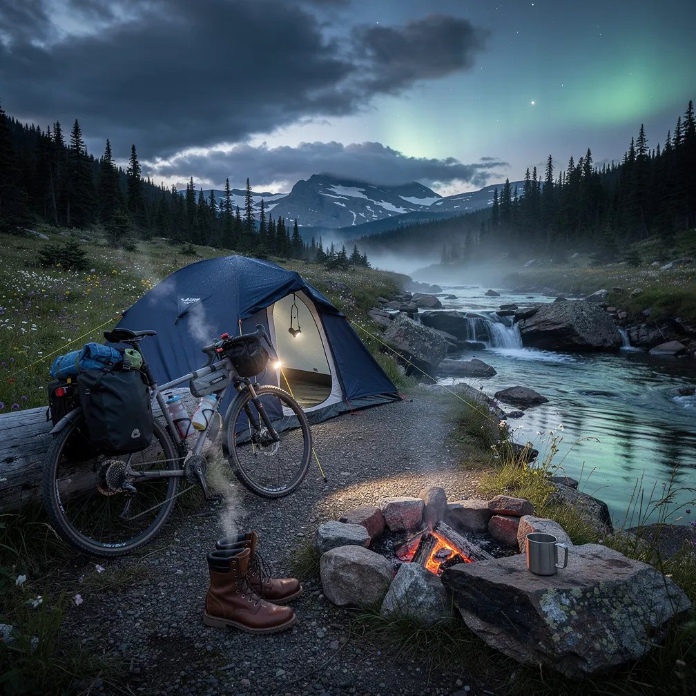 A small navy tent sits in a wet alpine meadow by a rushing creek and a tiny waterfall. The air feels cool and calm after the storm, with puddles shining like mirrors in the blue twilight. A bicycle leans on a log, and boots rest by a quiet fire ring with a little steam drifting up. Far off, dark clouds break to show a faint glow in the northern sky.