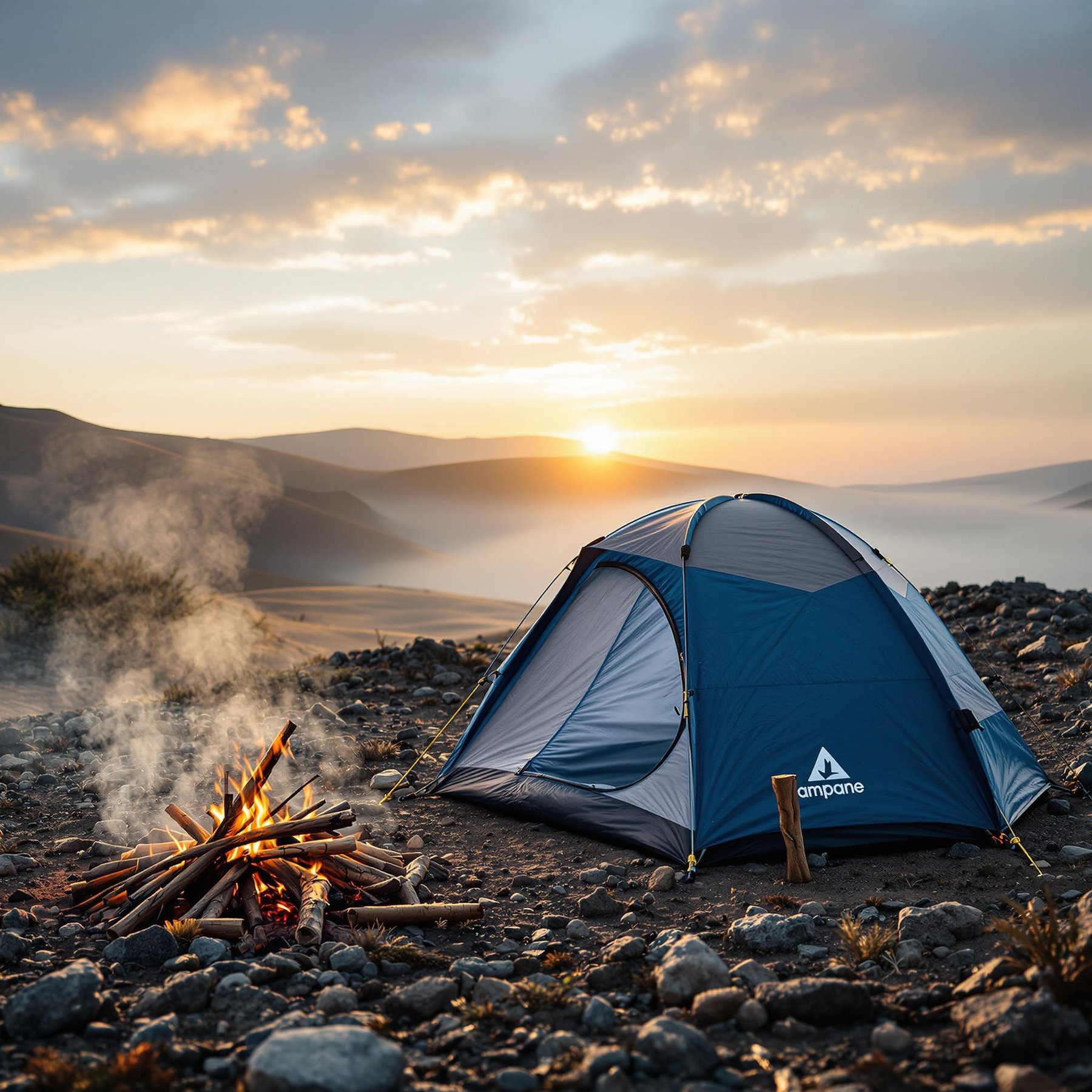 A blue and gray dome tent rests on rocky ground in India’s Valley of Flowers. Morning light warms the campsite as smoke curls from the campfire and breezes move across the distant dunes.