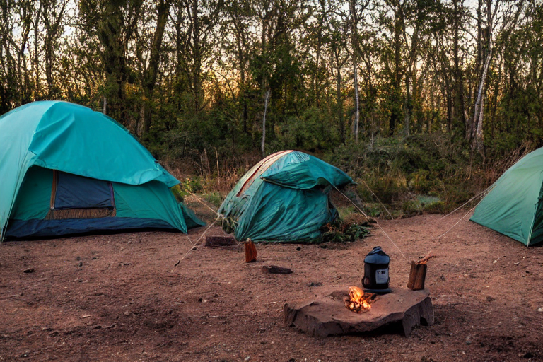 A teal tent rests on a rocky dirt patch in a quiet petrified forest. Golden sunlight warms the stones, camping gear, and lantern nearby. The clear sky and still trees create a peaceful outdoor escape.