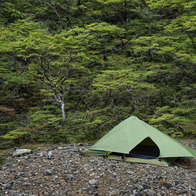 A green camo tent rests on a quiet campsite in Miyajima, Japan. Large stone slabs, fallen leaves, and rough dirt surround it, while soft fog drifts under a sky full of stars.