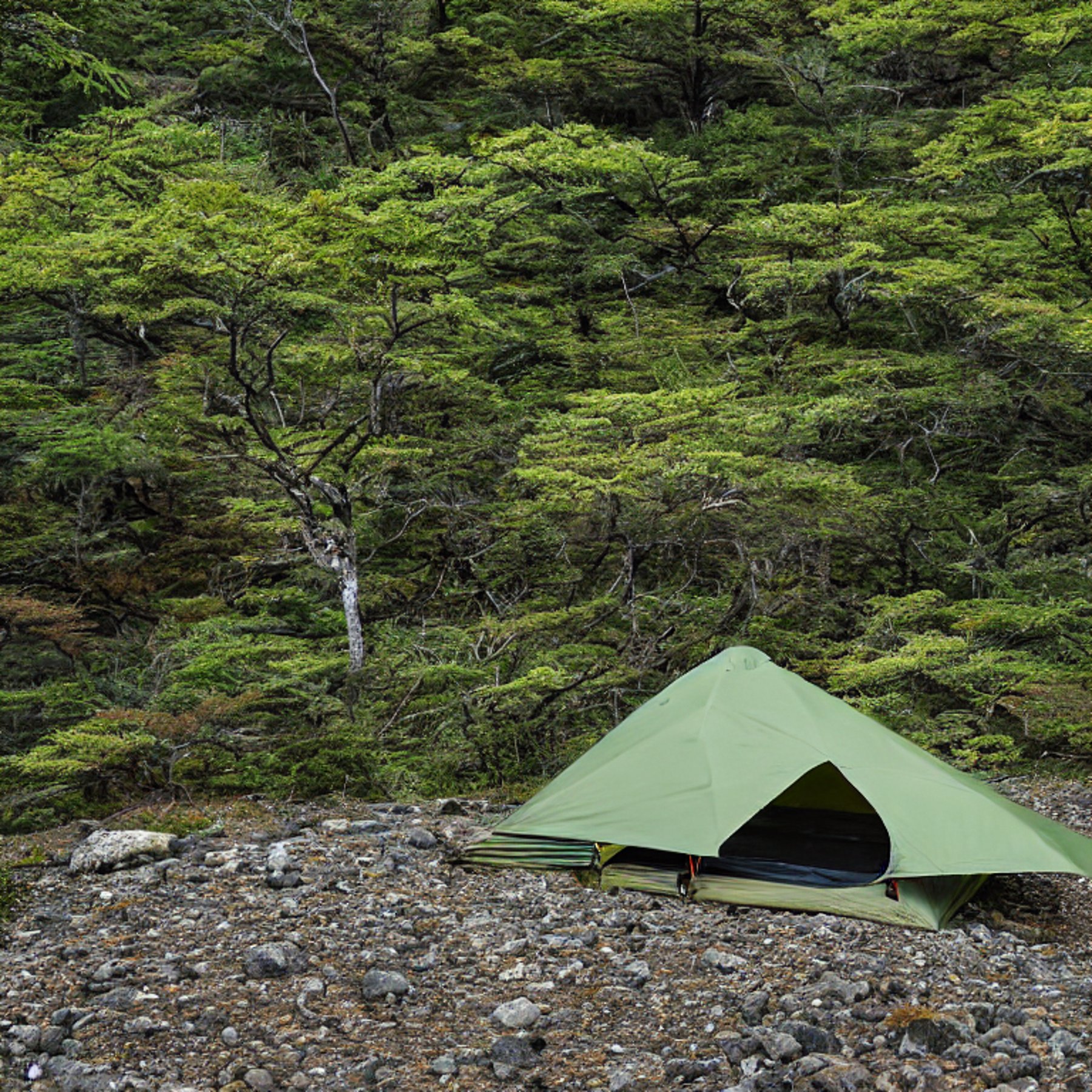 A green camo tent rests on a quiet campsite in Miyajima, Japan. Large stone slabs, fallen leaves, and rough dirt surround it, while soft fog drifts under a sky full of stars.