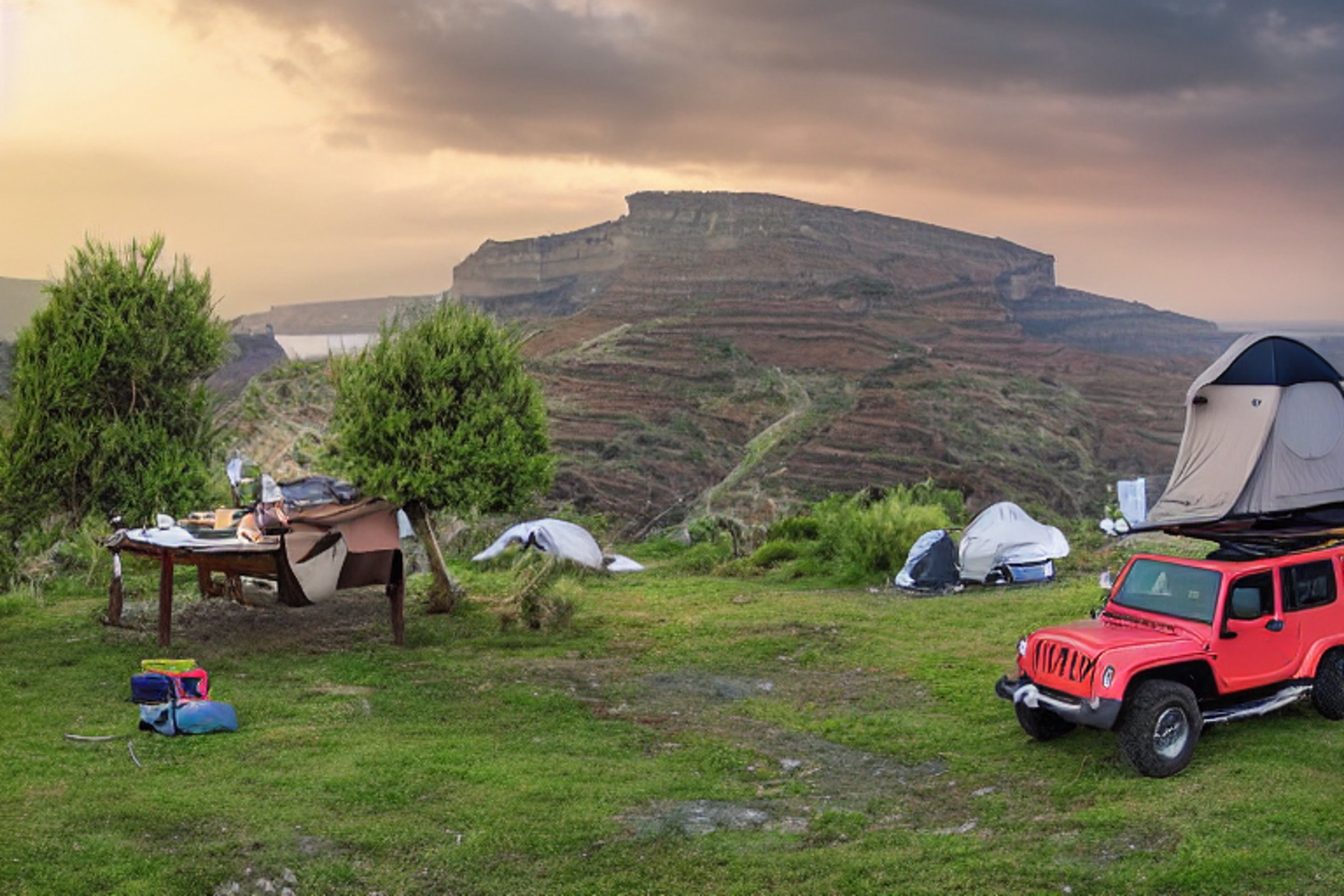 A Jeep with its rooftop tent open rests on a quiet paved campsite in Santorini. Bushes and mossy trees surround a dirt clearing, while clothes sway on a line and a wooden guitar lies nearby. Stormy sunset clouds fill the sky, creating a wild, cozy mood.
