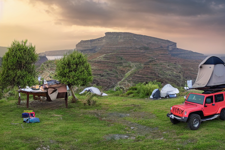 A Jeep with its rooftop tent open rests on a quiet paved campsite in Santorini. Bushes and mossy trees surround a dirt clearing, while clothes sway on a line and a wooden guitar lies nearby. Stormy sunset clouds fill the sky, creating a wild, cozy mood.