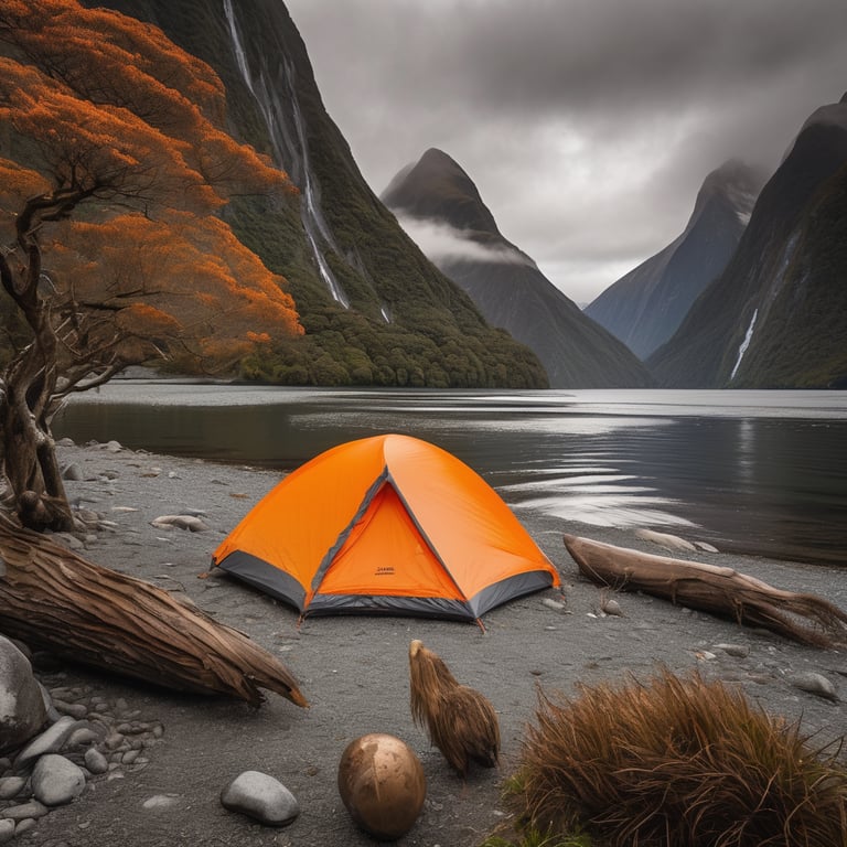 A gray and orange inflatable tent rests on the rocky shore of Milford Sound. Windy clouds drift above the tall trees and mountains, while birds nest nearby. Seen from a canoe, the campsite feels wild and peaceful.