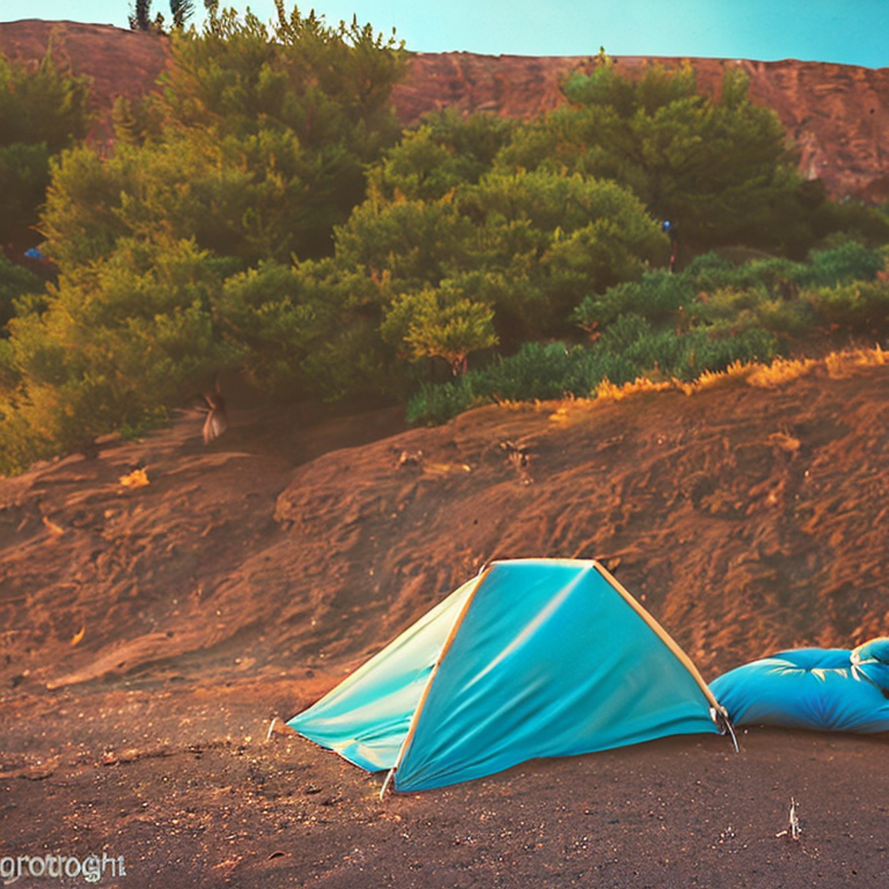 A bright teal tent rests on a paved campsite beneath glowing green auroras. Small and tall trees surround the camp, while hikers and a distant deer add life to the peaceful Santorini night.
