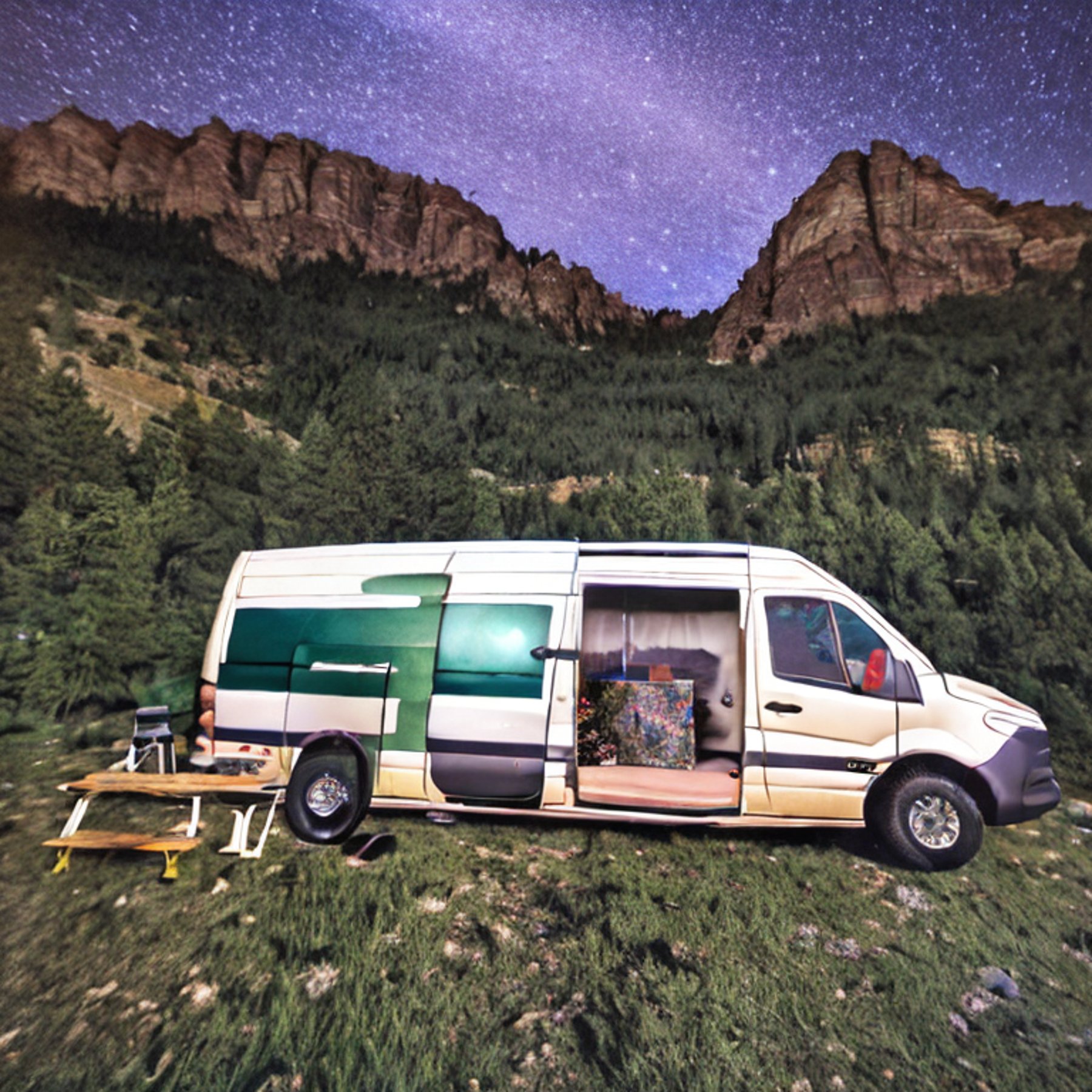 A green camo van rests at a quiet Colorado campsite beneath a star-filled, cloudy sky. A picnic table and camping chairs sit around a patch of dirt, while a large rock adds a rugged touch. A distant moon lights the peaceful night.