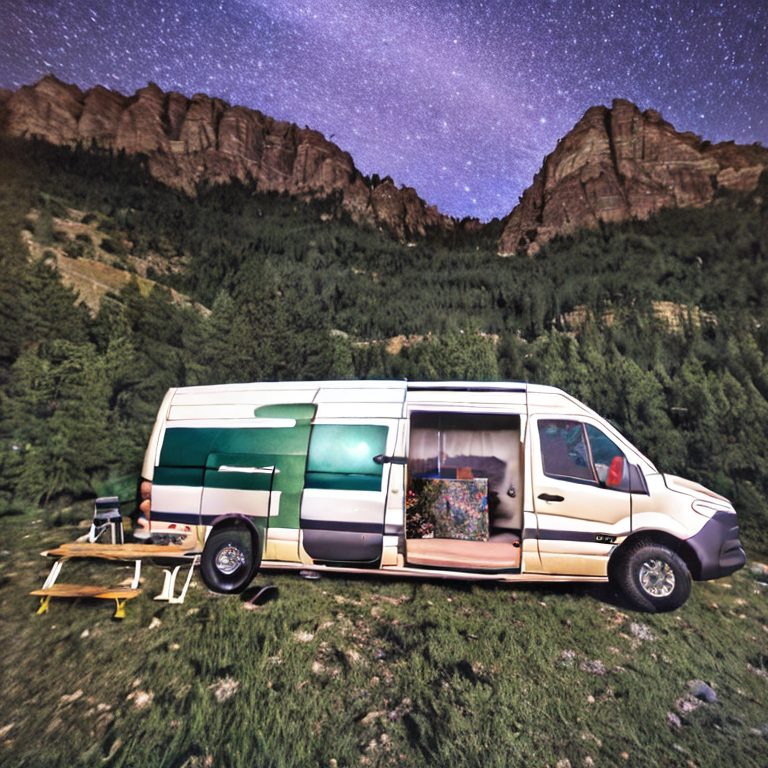 A green camo van rests at a quiet Colorado campsite beneath a star-filled, cloudy sky. A picnic table and camping chairs sit around a patch of dirt, while a large rock adds a rugged touch. A distant moon lights the peaceful night.