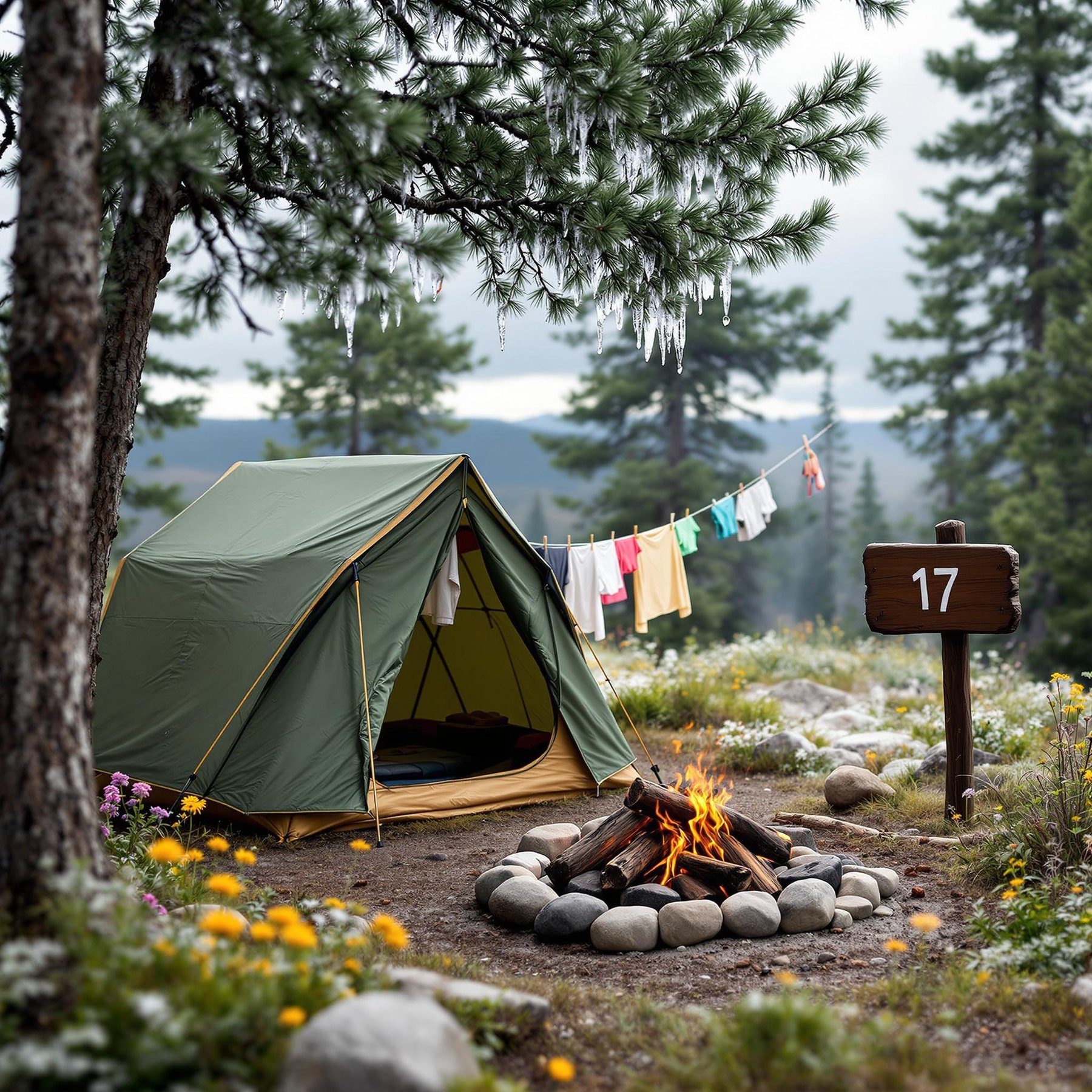A green and tan tent rests among wildflowers in Yellowstone, with snowy trees sparkling nearby. A small campfire sits inside a ring of stones, while clothes hang from a line. From above, the campsite feels peaceful beneath the cloudy sky.