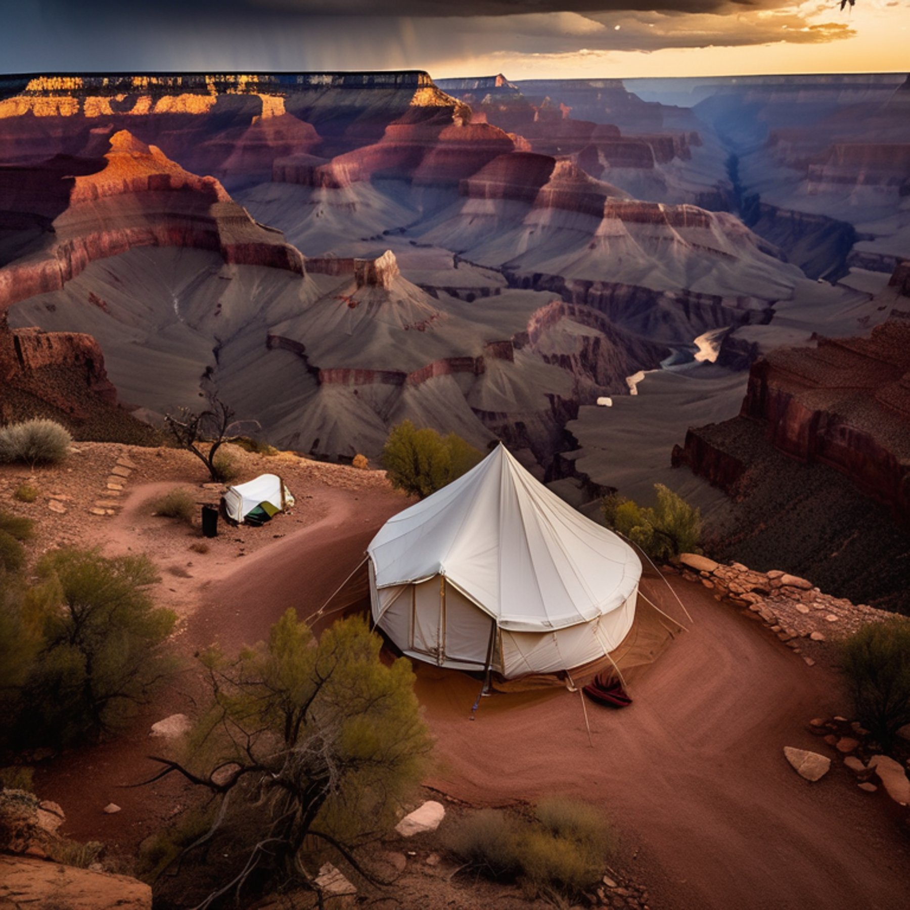 A white tent rests on a paved campsite near the Grand Canyon at dusk. Large stone slabs and dusty ground surround a quiet hiking path, while stormy clouds fill the sky.