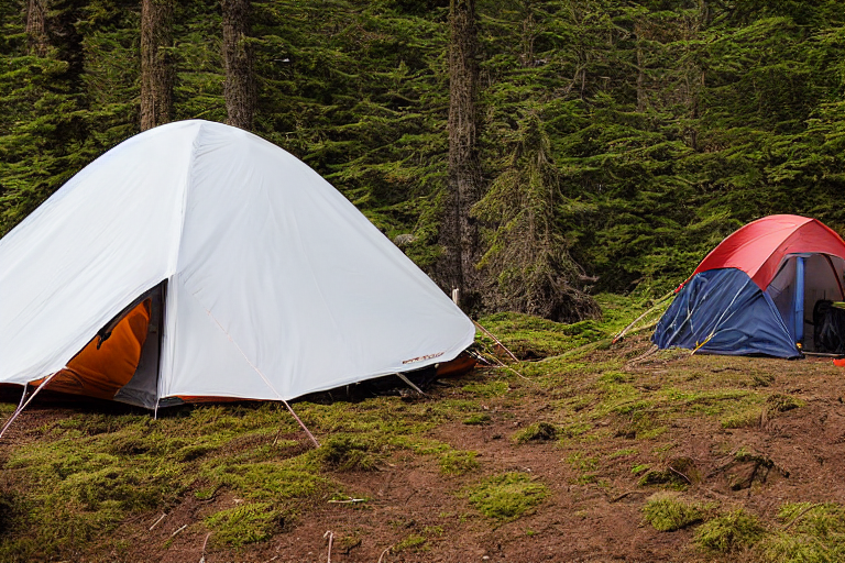 A white tent rests on a sunny dirt campsite near Cannon Beach, Oregon. Hikers explore nearby, with a box of camping gear and a large rock in view. In the distance, someone holds a flashlight beneath the clear sky.
