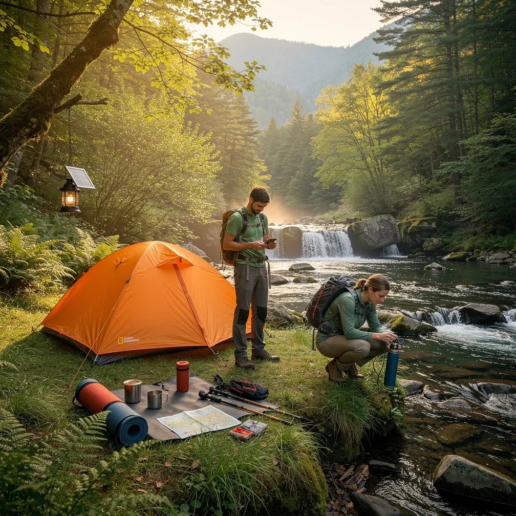 A bright orange tent sits in a quiet forest clearing beside a clear stream and a tiny mossy waterfall. Warm sunrise light glows through mist, making the dewy grass and ferns sparkle. Two hikers get ready for the day while a solar lantern hangs from a low tree branch. Everything feels calm, fresh, and full of morning adventure.