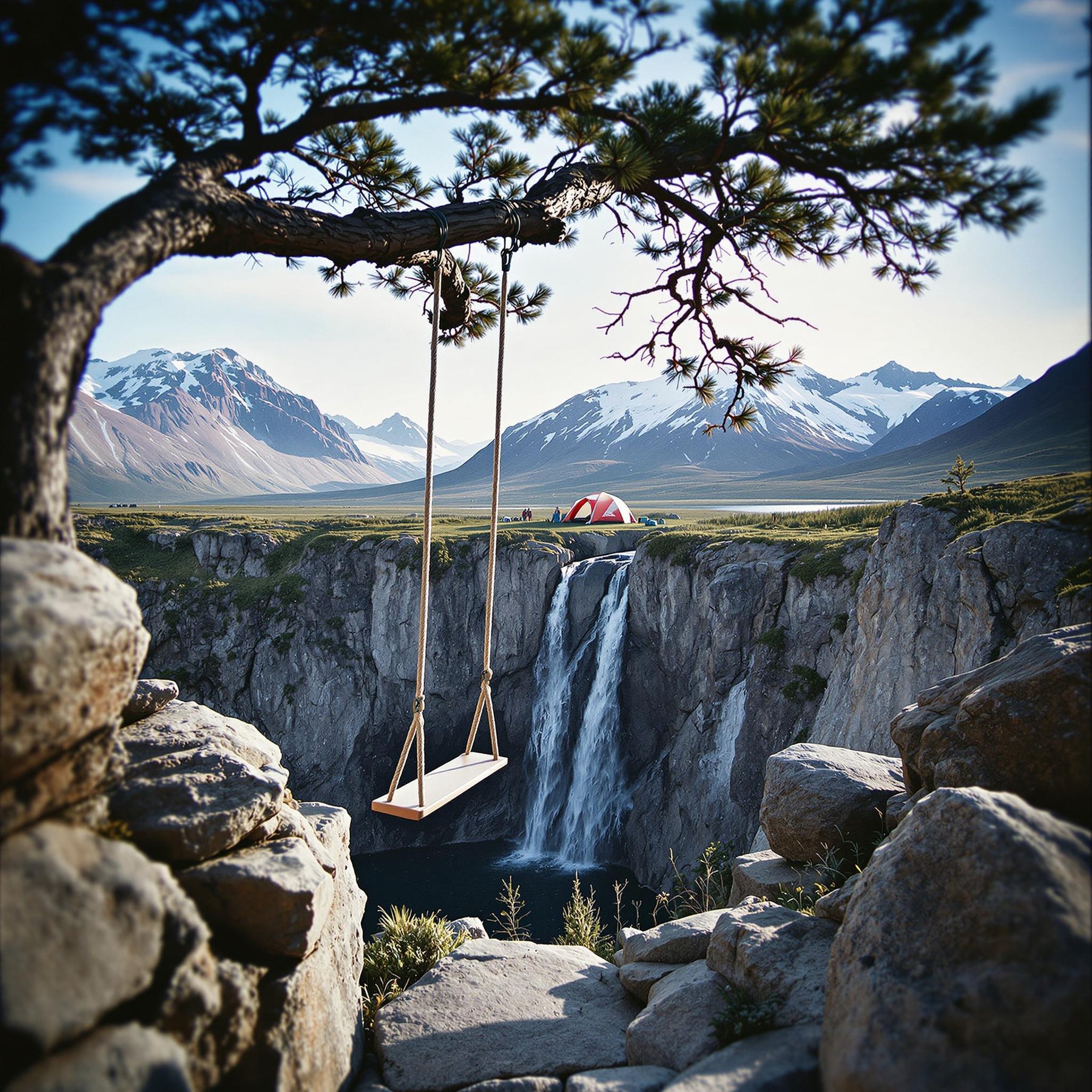 A red-and-white tent rests in the distance among the wild beauty of Denali National Park. A small waterfall tumbles over broad stone slabs, while a rope swing hangs from a sturdy tree nearby. Clear skies and rocky cliffs create a peaceful, adventurous setting.