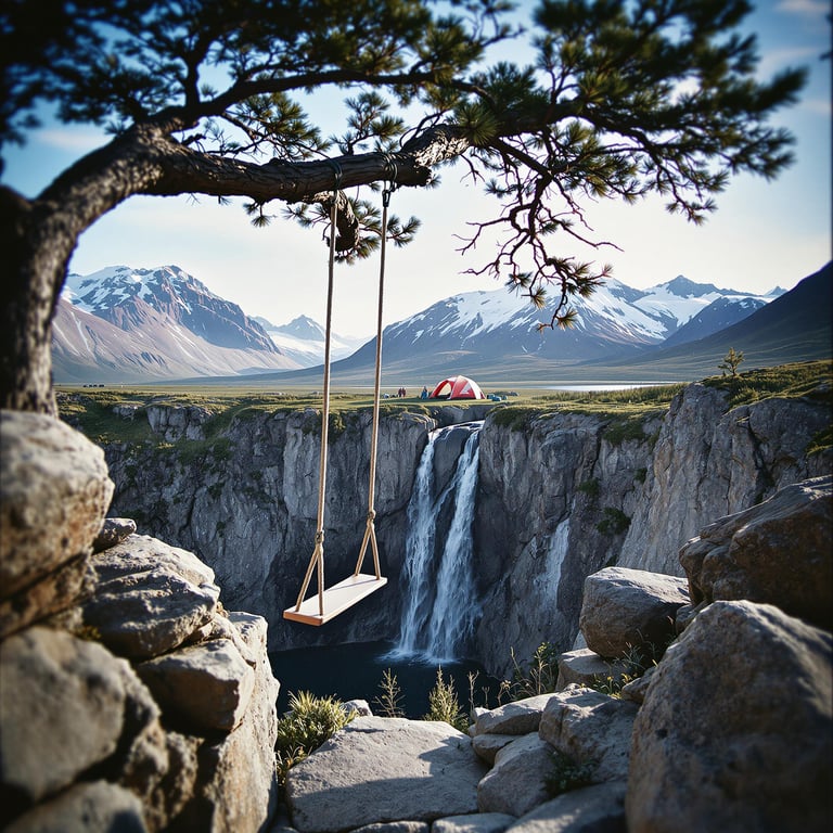 A red-and-white tent rests in the distance among the wild beauty of Denali National Park. A small waterfall tumbles over broad stone slabs, while a rope swing hangs from a sturdy tree nearby. Clear skies and rocky cliffs create a peaceful, adventurous setting.